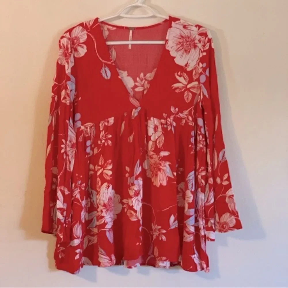 Boho Free People Top Rayon Red Floral Sz Small Gorgeous - Picture 4 of 7